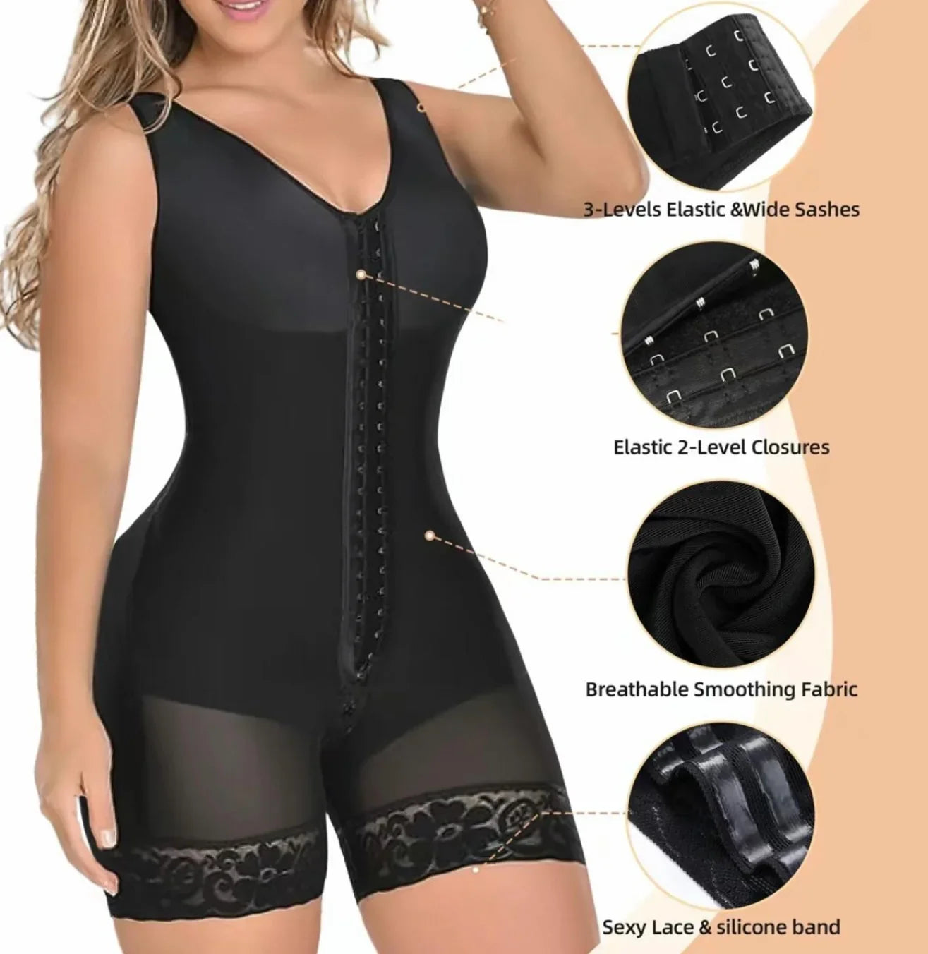 Woman modeling black shapewear bodysuit with lace trim, breathable fabric, and adjustable closures.