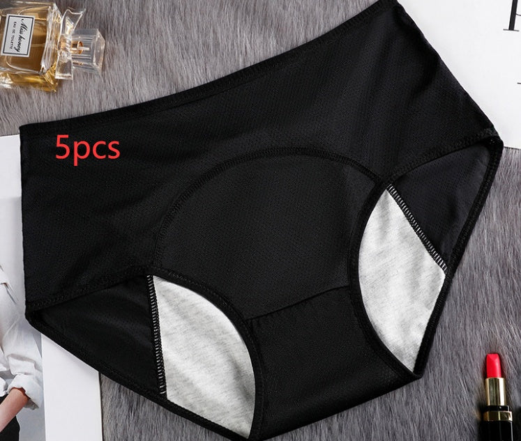 Set of 5 menstrual underwear for women, leak-proof and comfortable, in various colors, designed for reliable protection.