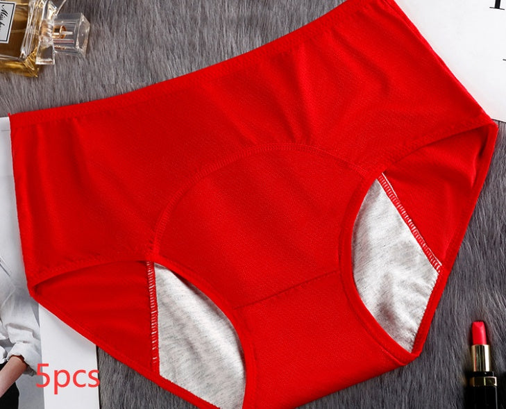 Set of five leak-proof menstrual underwear for women, black and white, designed for comfort and protection during periods.