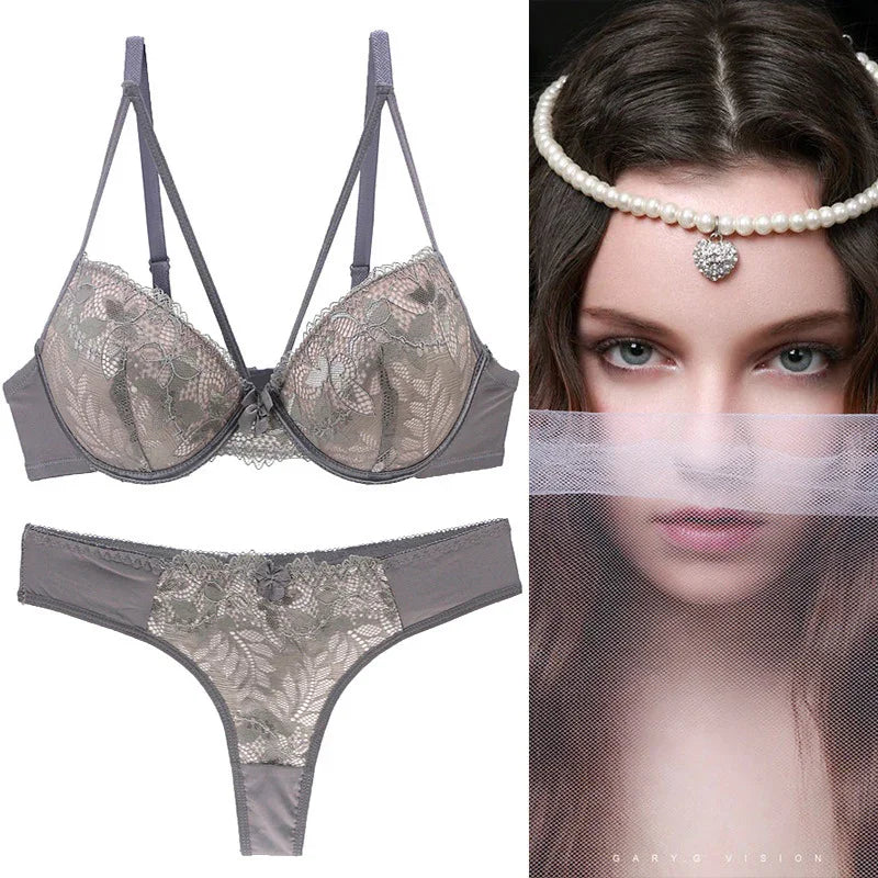 Lace underwire bra and panty set in gray with sheer detailing, designed for everyday comfort and elegance.