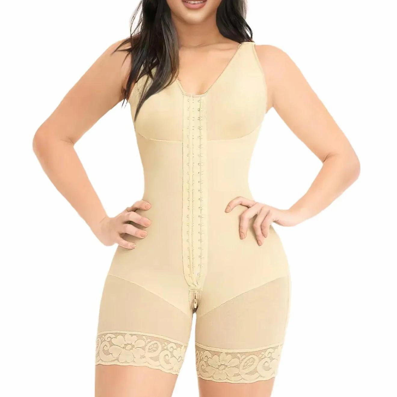 Woman wearing a beige full-body shapewear with lace trim, designed for everyday comfort and support.
