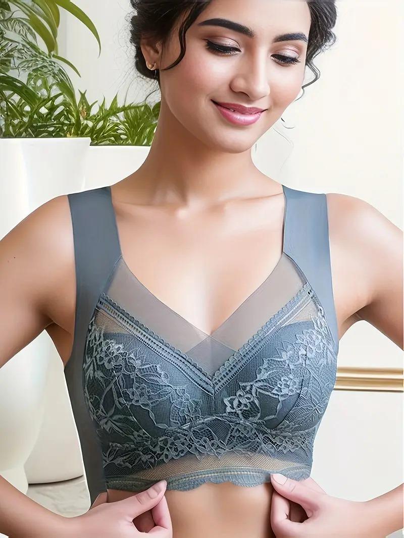 Woman wearing a stylish lace bralette, showcasing comfortable, elegant women's undergarments