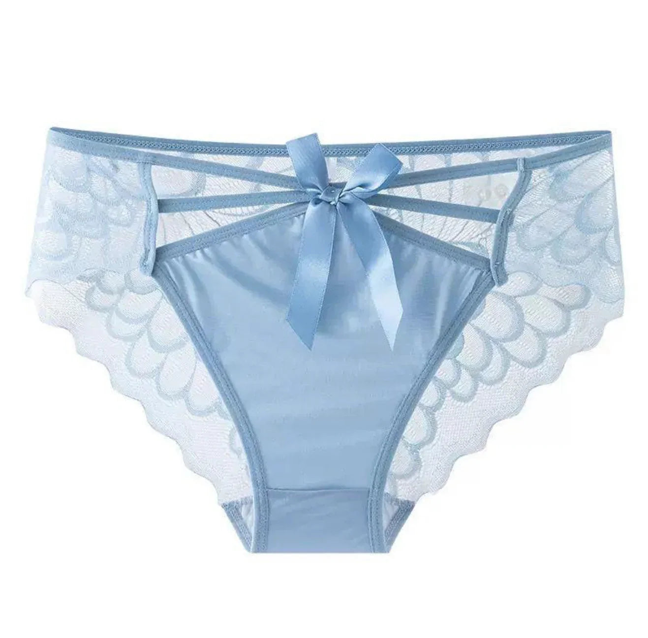 Light blue women's lace panties with sheer scalloped sides and satin bow, stylish and comfortable.
