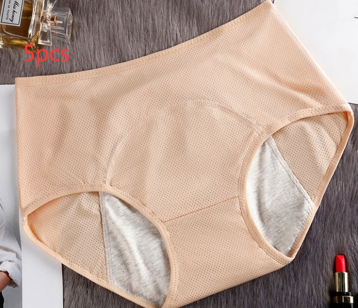 Set of five women's leak-proof menstrual underwear in various styles, designed for comfort and protection during periods.