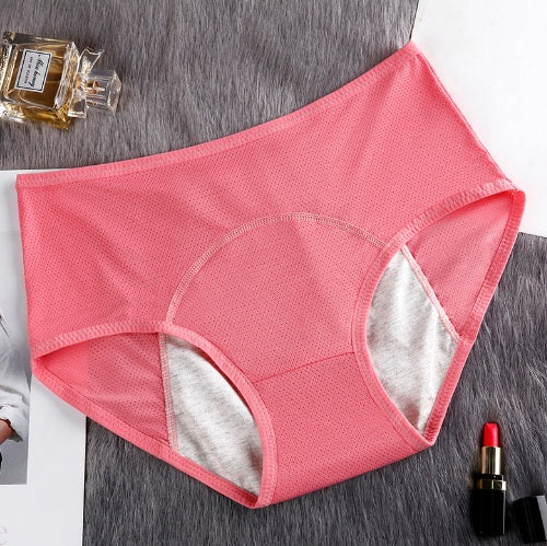 Set of five women's menstrual leak-proof underwear in various colors, designed for comfort and protection.