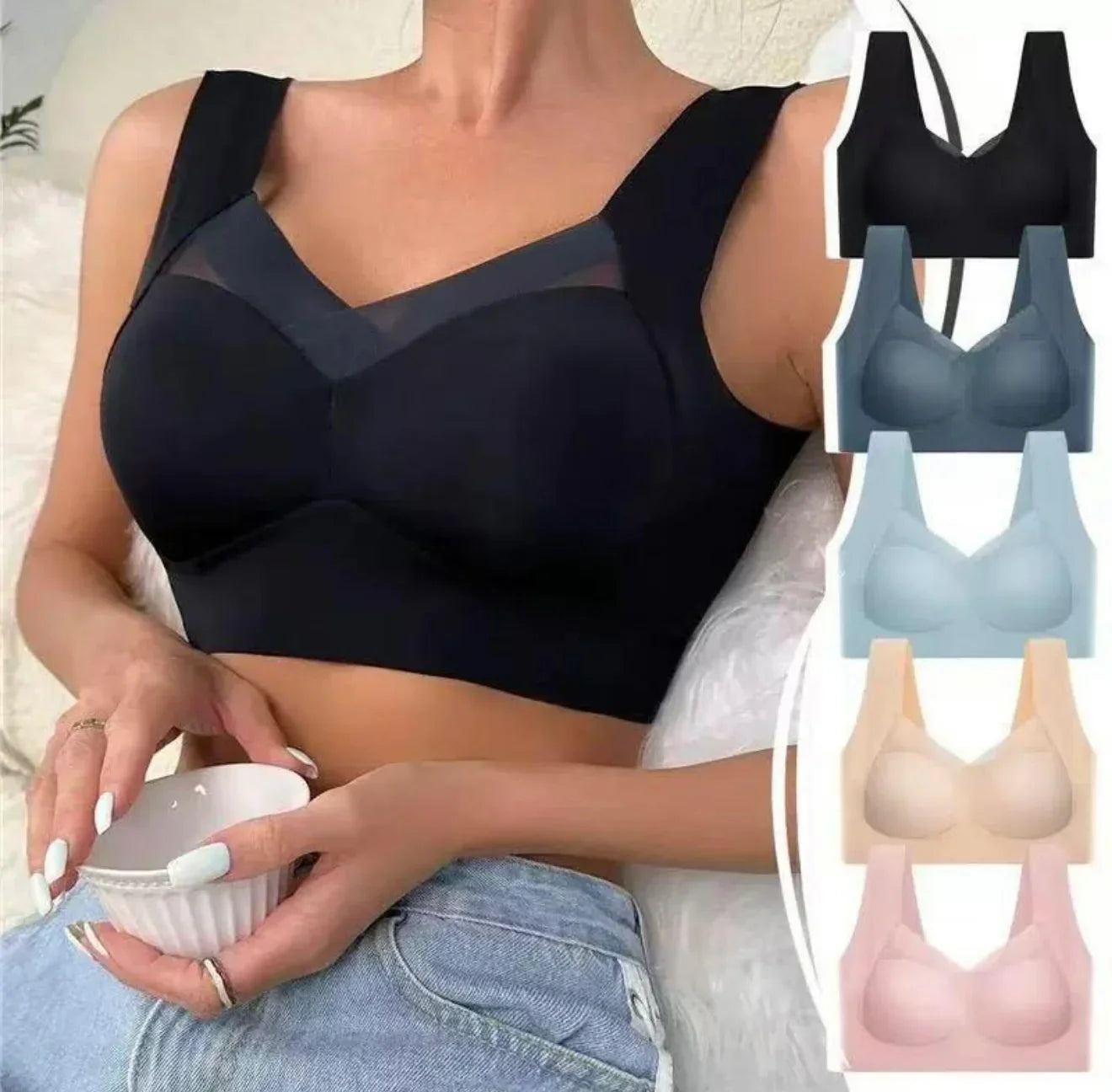 Woman wearing a black seamless comfort bra with other color options displayed, soft undergarments for daily support and confidence.