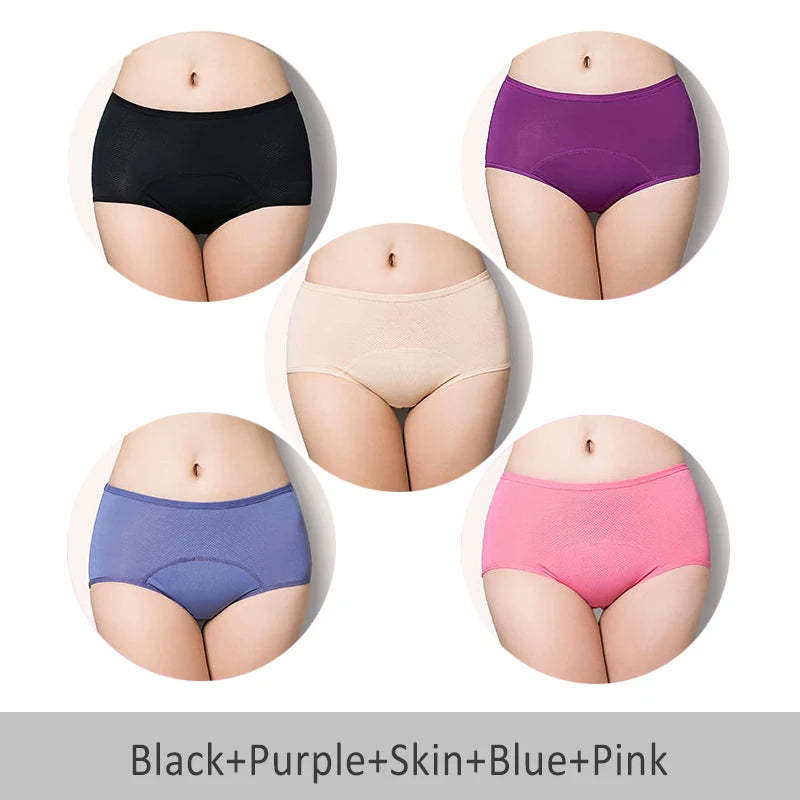 Set of five women's menstrual underwear leak-proof panties in various colors, designed for comfort and protection during periods.